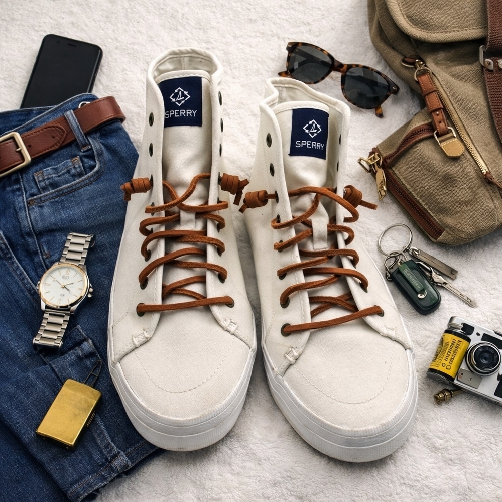 Sperry Ivory Canvas High-Tops with Brown Leather Laces Cork Sole. New. Ladies 10